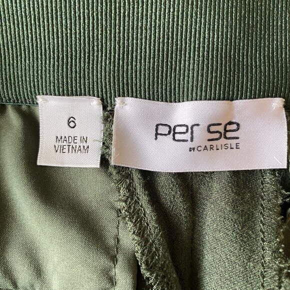 Per Se By Carlisle Women's Olive Green Gold Zip Pockets Satin Trim Pants Size 6 - Picture 2 of 6